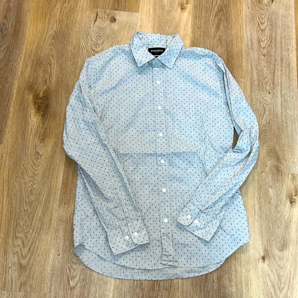 Bonobos Light Grey with Navy Polka Dot Slim Fit Medium Long Sleeve Shirt